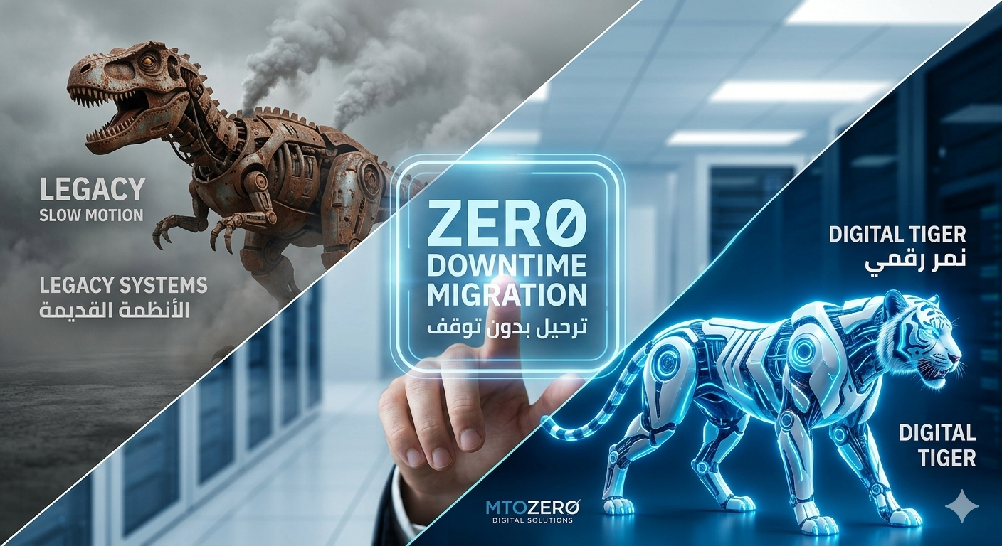 من "ديناصور" إلى "نمر digital": كيف تقوم بترحيل أنظمتك القديمة دون أن تتوقف أعمالك؟ في MTOZERO نُهندس عملية الانتقال.